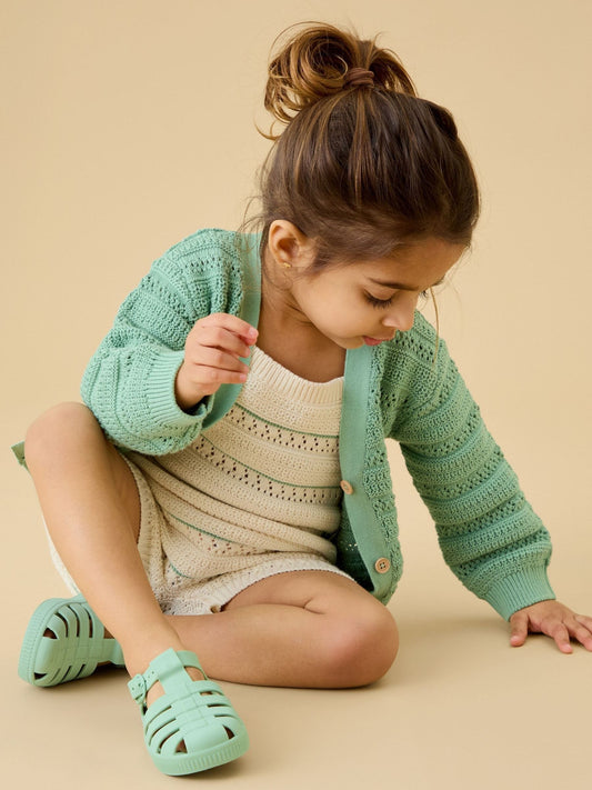 MORI Cream Striped Pointelle Knitted Summer Soft Cotton Romper Playsuit image 2