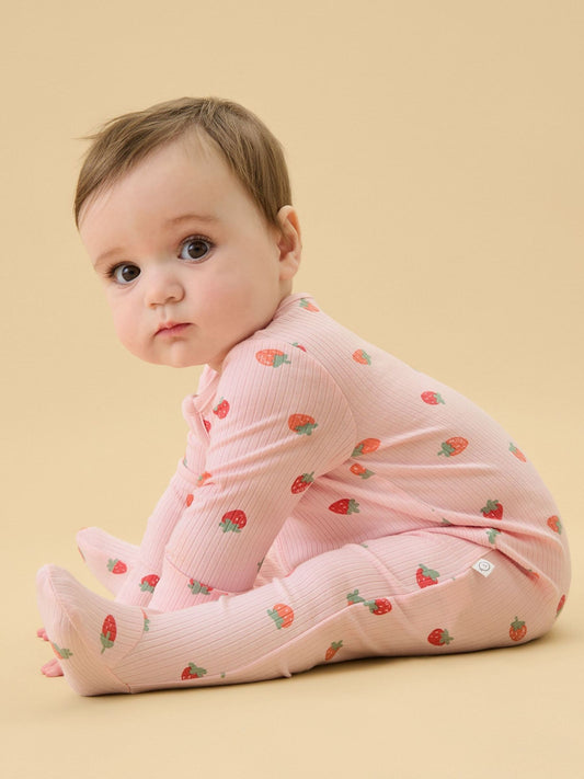 MORI Pink Strawberry Fields Supersoft Ribbed Two Way Zip Up Sleepsuit image 2