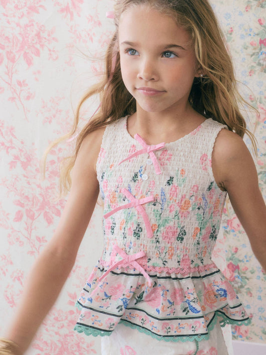 Dsiney Kidz - River Island Cream Cabbages & Roses Smock Frill Top & Trousers image 2