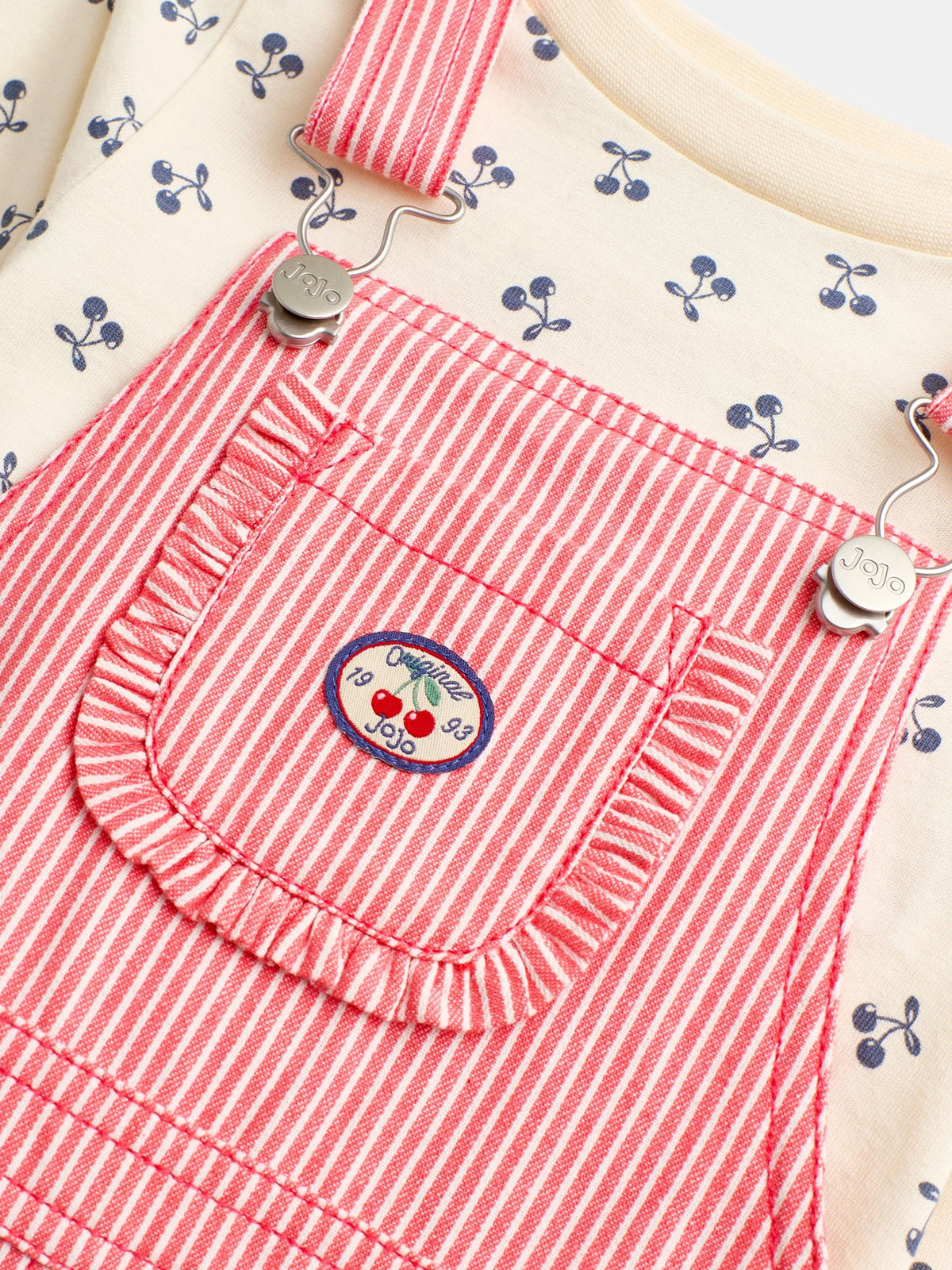 JoJo Maman Bébé Bright Red Cherry Pinstripe Dungaree & Printed Top Set - image 6