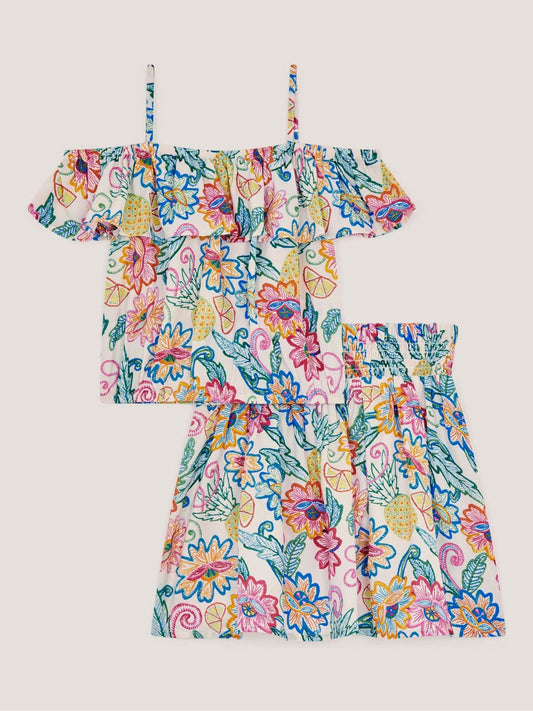 Dsiney Kidz - Monsoon Cream Tropical Floral Bardot Top & Skirt Set image 2