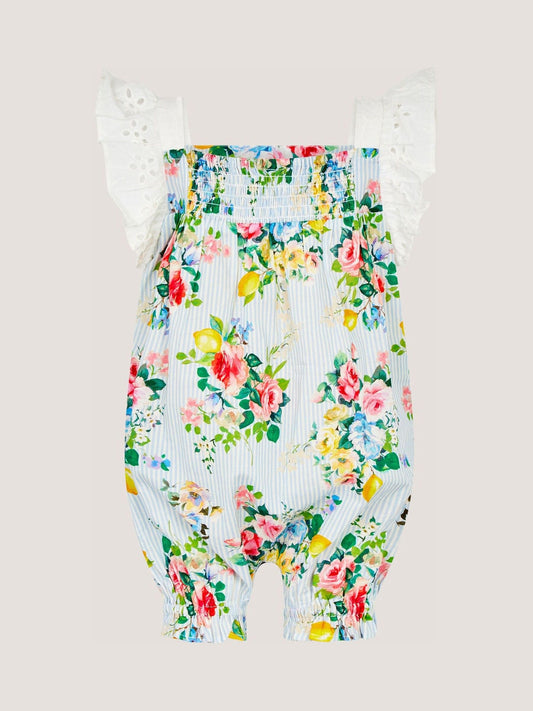 Monsoon Blue Baby Broderie Floral Stripe Romper image 2