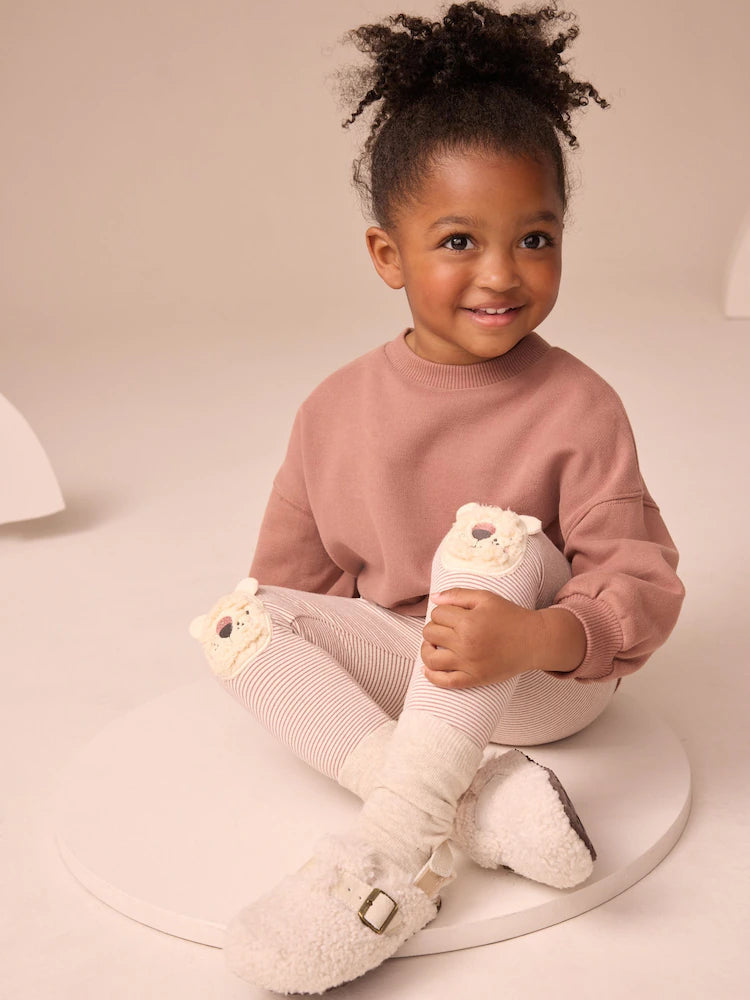 Ecru Stripe Bear Knee Embellished Leggings (3mths-7yrs) Immediate