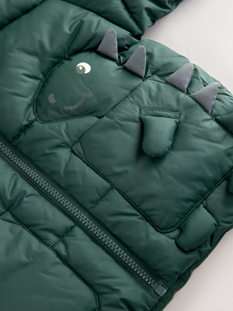 Khaki Green Dinosaur Pocket Padded Coat (3mths-7yrs)