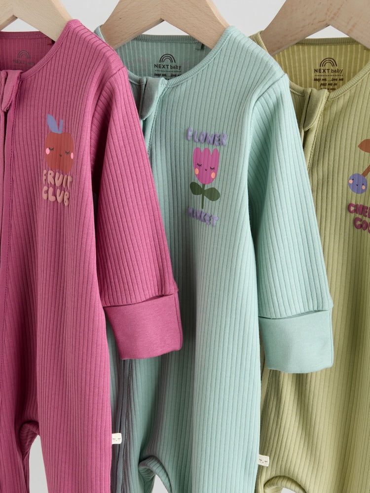Multi Flower Two Way Zip Baby Sleepsuits 3 Pack (0mths-3yrs)