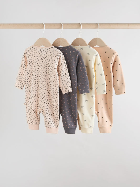 Monochrome Leopard And Cherry Print Two Way Zip Baby Sleepsuits 4 Pack (0mths-3yrs)