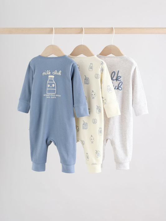Blue Milk Club Two Way Zip Baby Sleepsuits 3 Pack (0mths-3yrs)