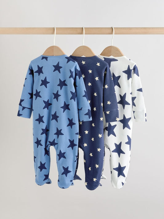 Navy Star Two Way Zip Baby Sleepsuits 3 Pack (0-2yrs)