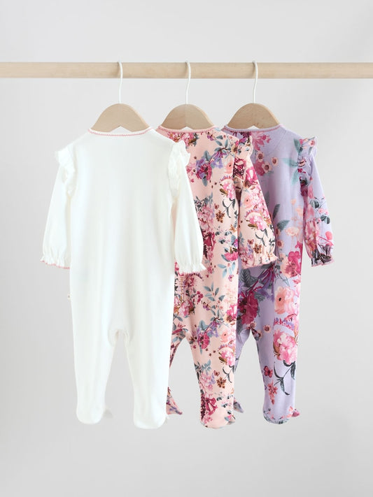 Ecru Floral Baby Sleepsuits 3 Pack (0mths-2yrs)