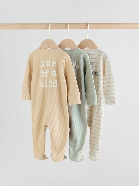 Mint Green Two Way Zip Baby Sleepsuits 3 Pack (0-2yrs)