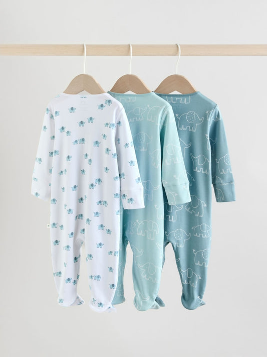 Blue Baby Linear Elephant Sleepsuits 3 Pack (0-2yrs)