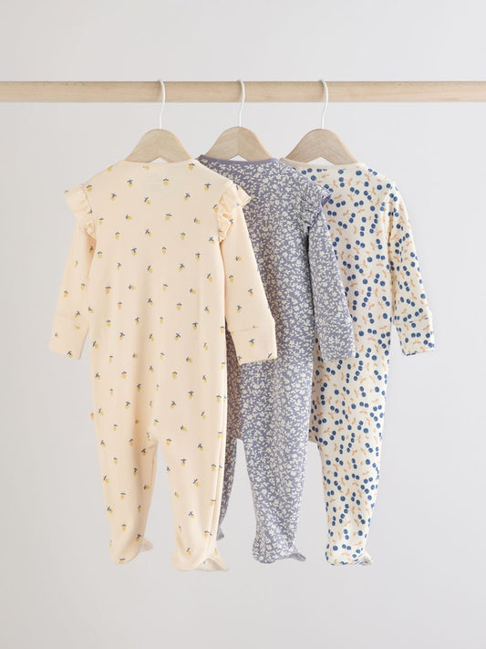 Blue Cherry Two Way Zip Sleepsuits 3 Pack (0-2yrs)