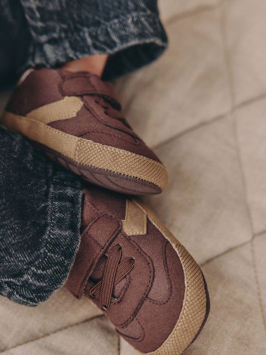 Brown Chocolate Baby Touch Fastening Elastic Lace Chevron Trainers (0-2mths)