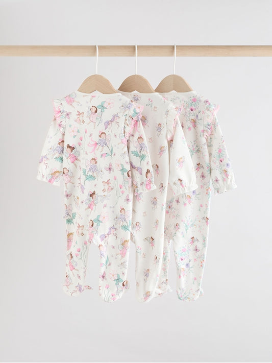 Ecru Fairy Two Way Zip Baby Sleepsuits 3 Pack (0-2yrs)