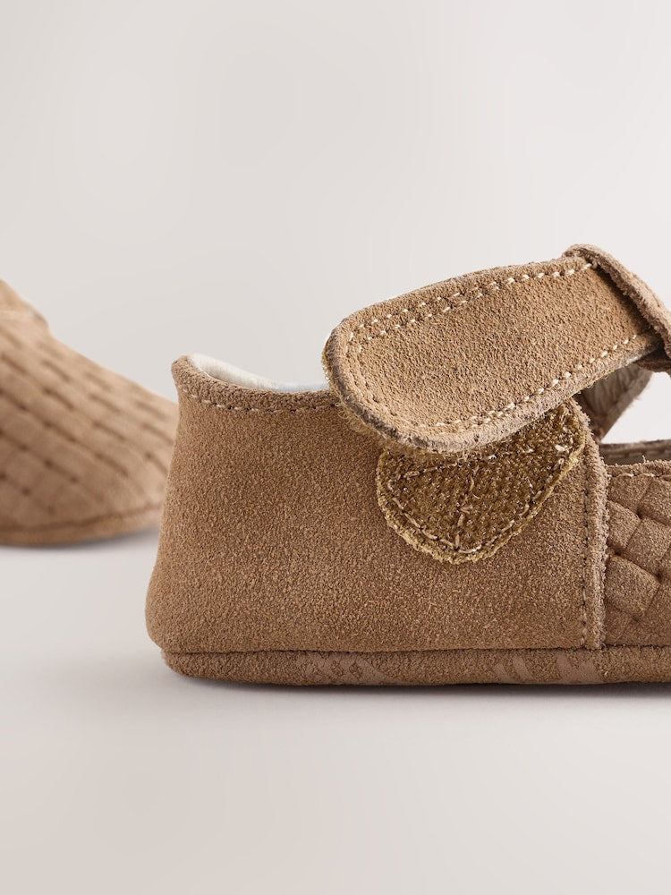 Tan Woven Suede Leather Baby T-Bar Shoes (0-24mths)