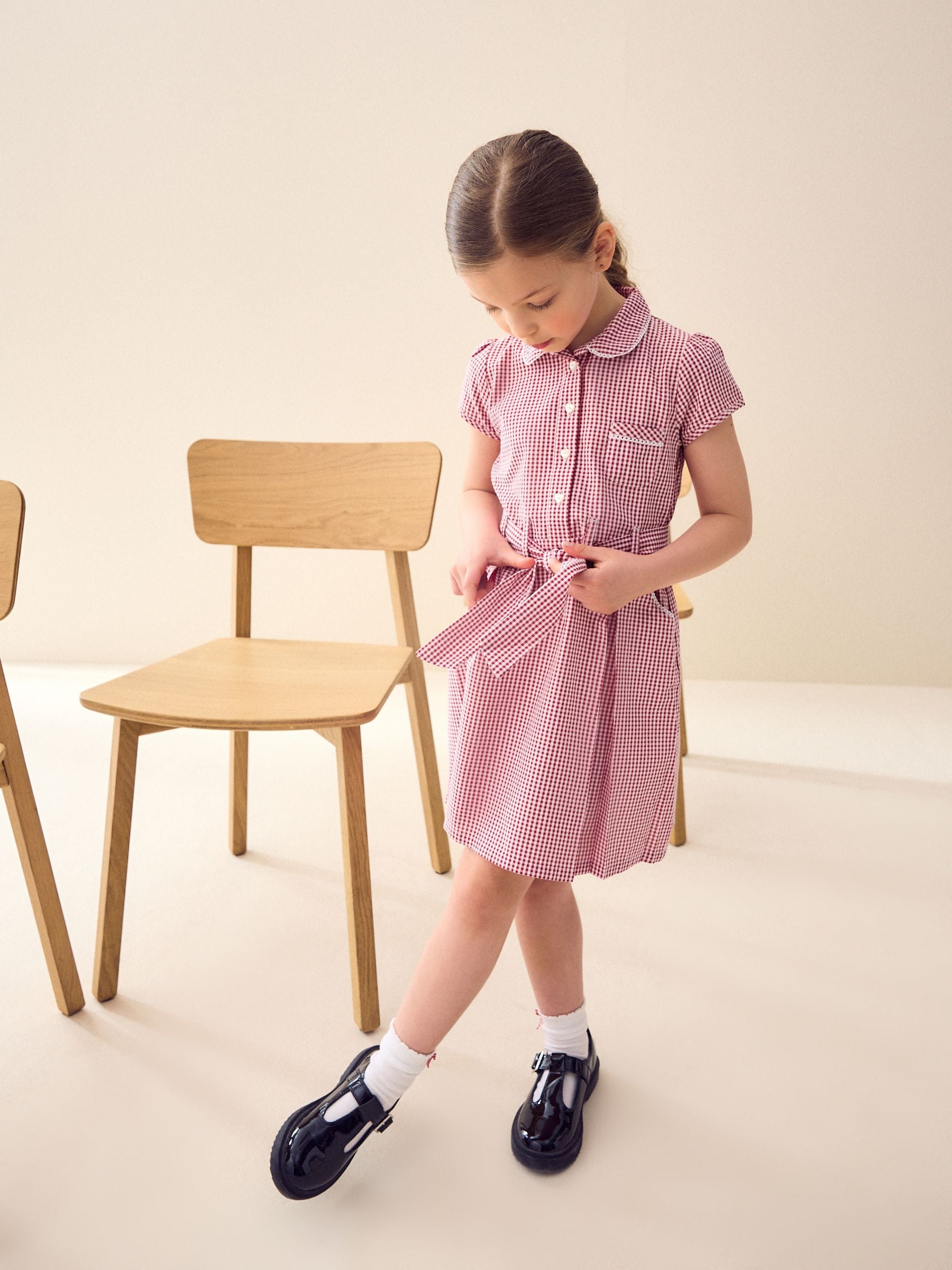 Red Gingham Cotton Rich Belted School Dress with Scrunchie (3-14yrs) image 1