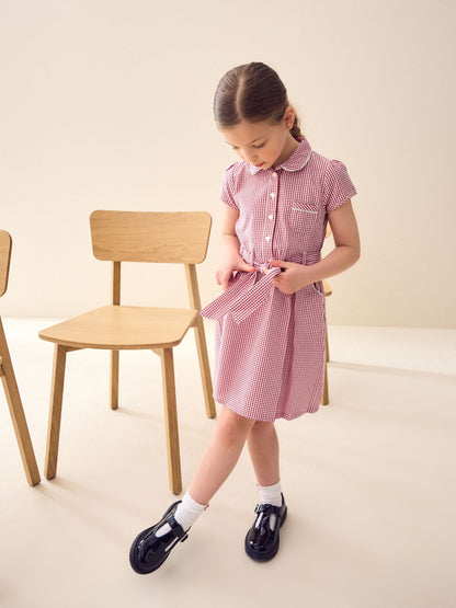 Red Gingham Cotton Rich Belted School Dress with Scrunchie (3-14yrs) image 1