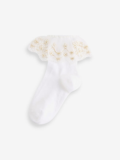 White 2 Pack Cotton Rich Flower Girl Ruffle Ankle Socks image 2