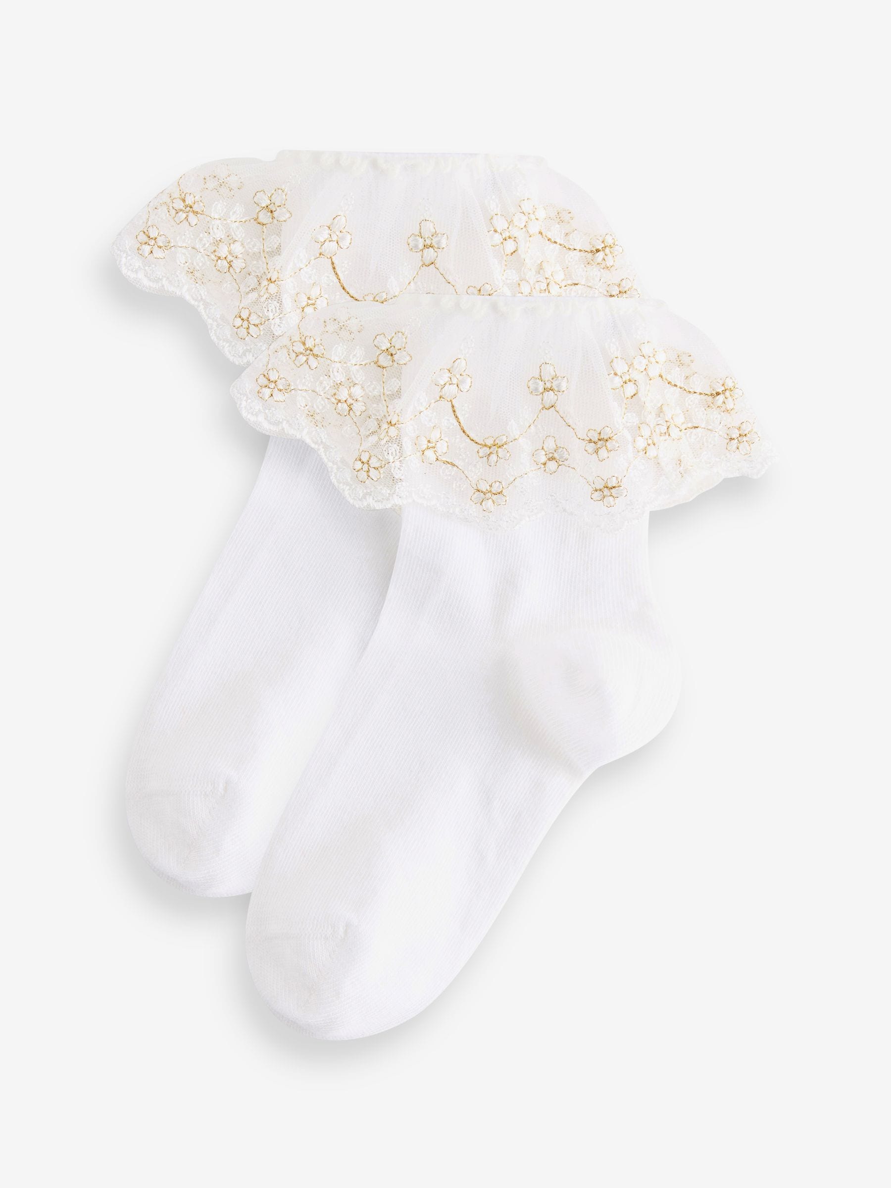White 2 Pack Cotton Rich Flower Girl Ruffle Ankle Socks image 1