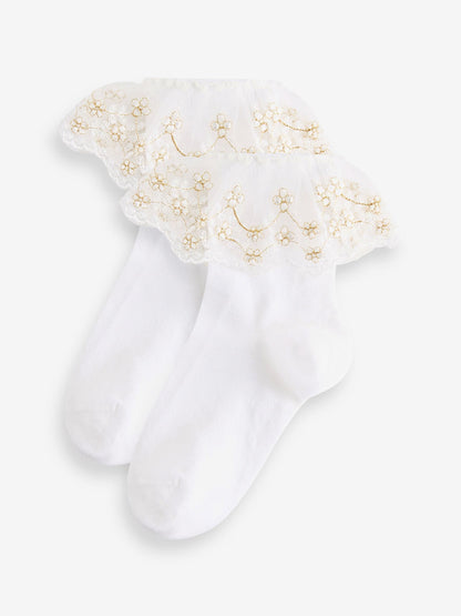 White 2 Pack Cotton Rich Flower Girl Ruffle Ankle Socks image 1