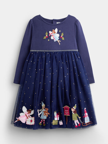 JoJo Maman Bébé Navy Blue Elf & Fairy Appliqué Hem Combo Dress - image 1