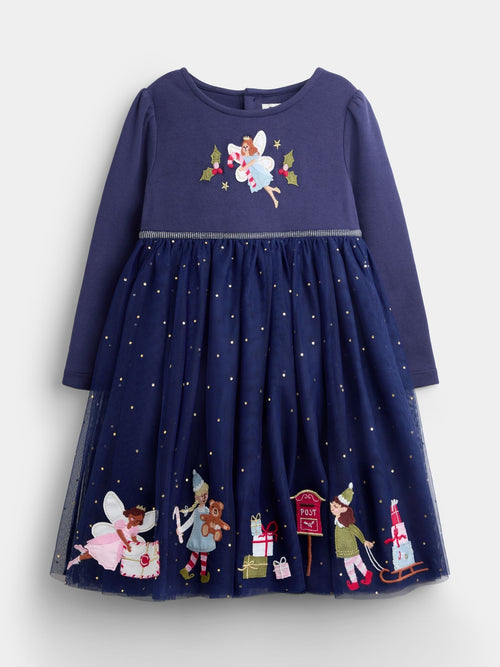 JoJo Maman Bébé Navy Blue Elf & Fairy Appliqué Hem Combo Dress - image 1
