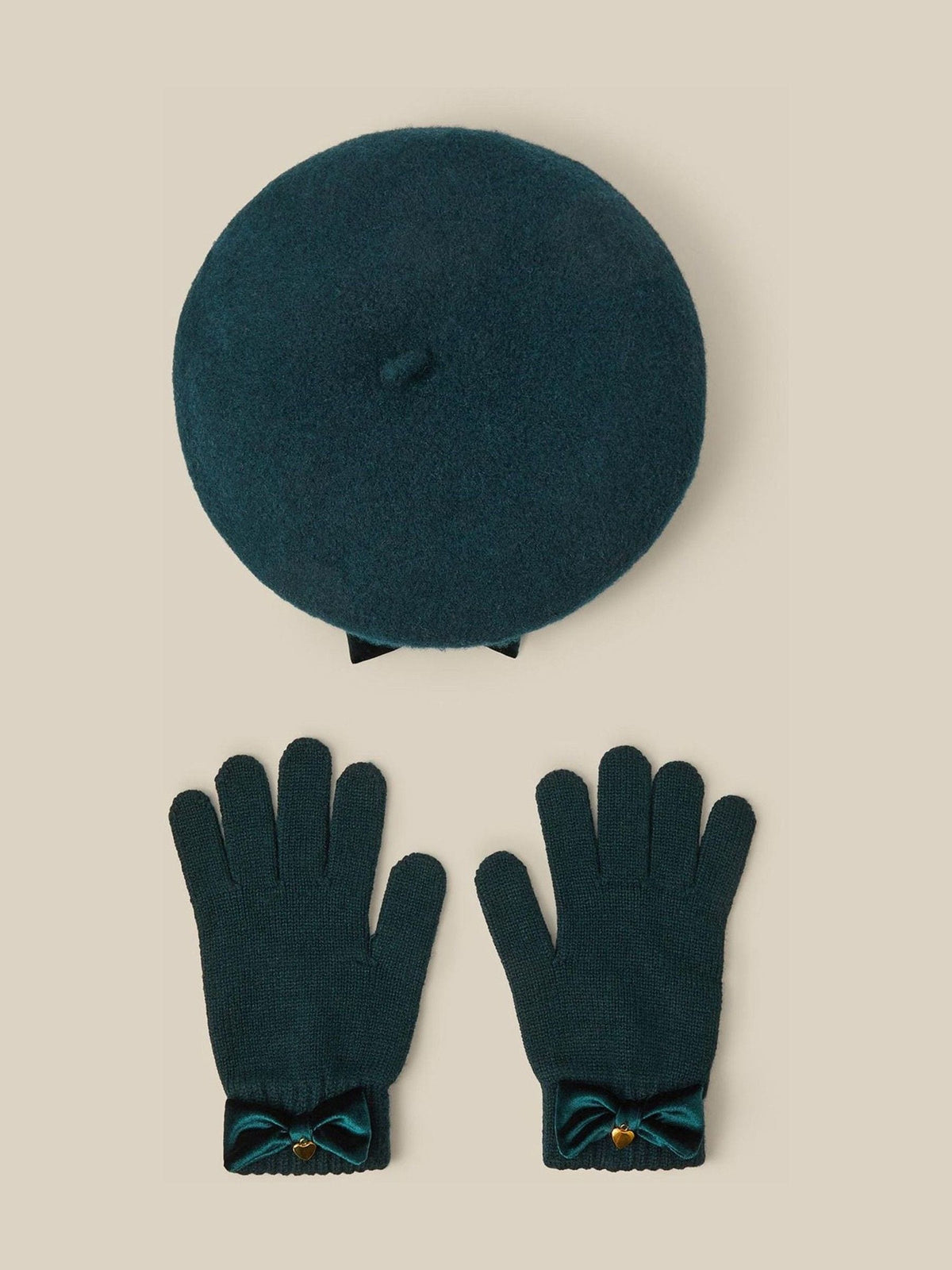 Monsoon Green Velvet Bow Beret & Gloves Set - image 1