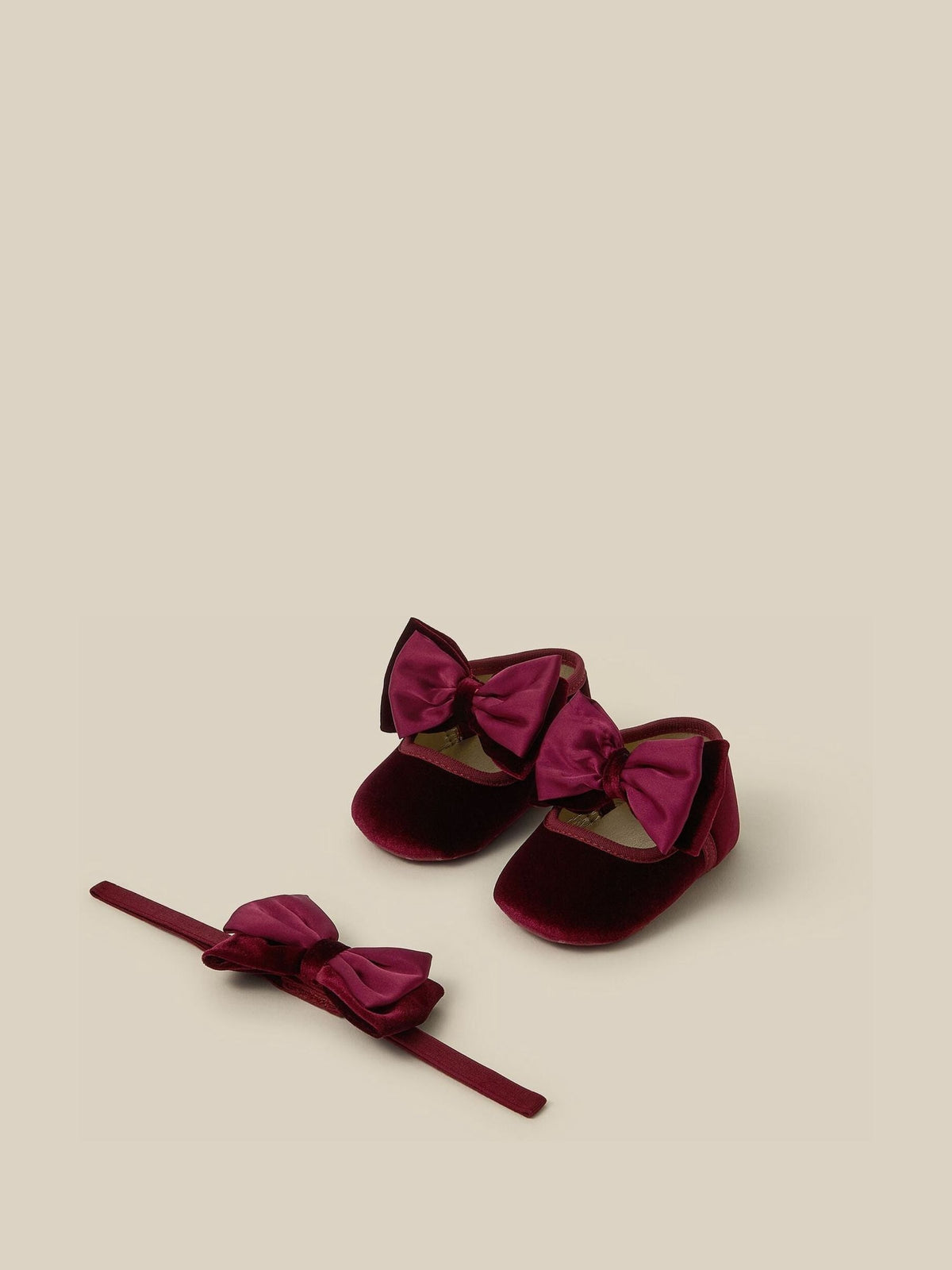 Monsoon Burgundy Red Bow Velvet Booties & Headband Set - image 1