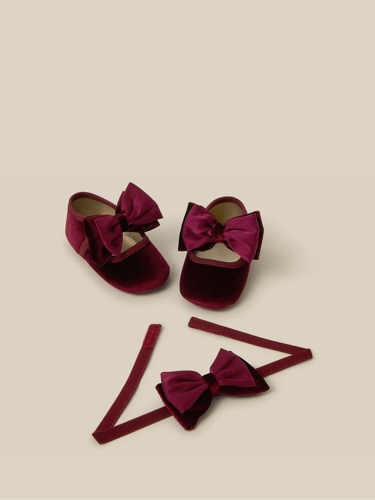 Monsoon Burgundy Red Bow Velvet Booties & Headband Set - image 3