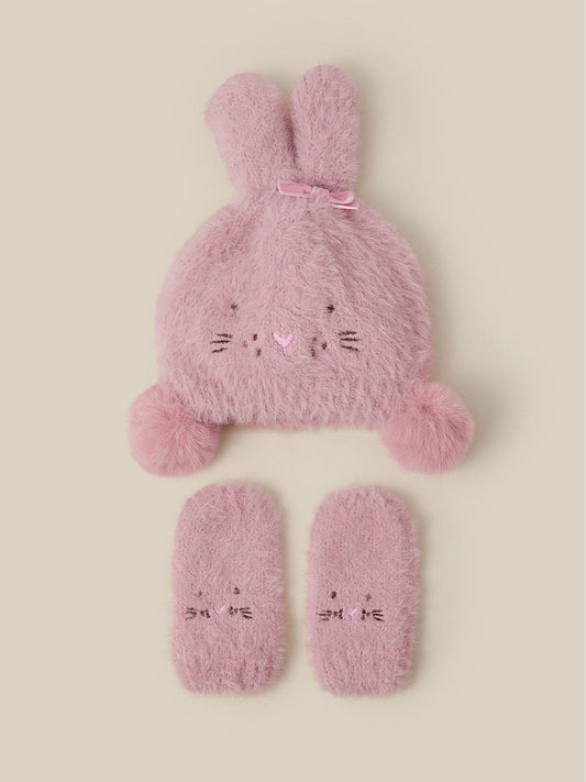 Monsoon Pink Baby Bunny Beanie Hat & Mittens Set - image 1
