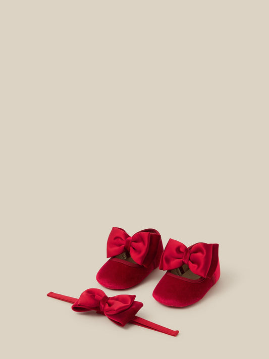 Monsoon Red Bow Velvet Booties & Headband Set - image 1