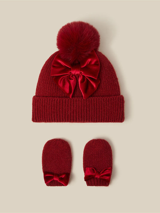 Monsoon Red Baby Bow Beanie Hat & Mittens Set - image 1