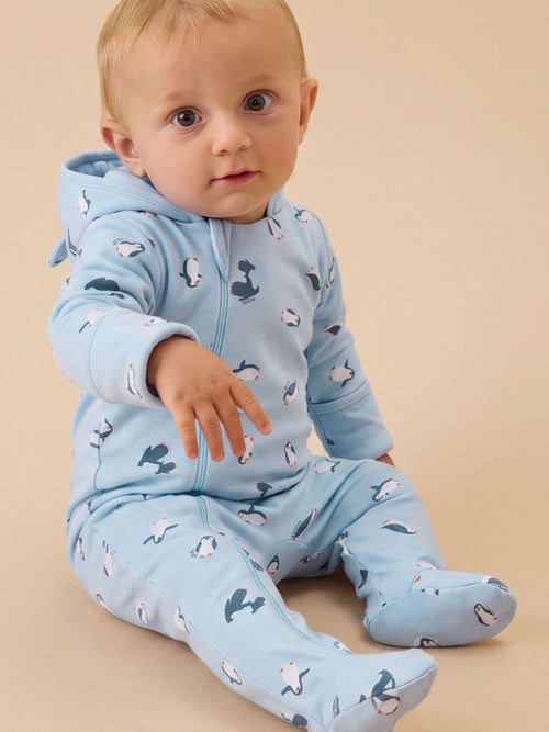 Dsiney Kidz - MORI Blue Penguin Print Soft Cotton Pramsuit image 1