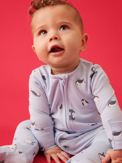 Dsiney Kidz - MORI Blue Penguin Print Soft Cotton Two Way Zip-Up Sleepsuit image 1