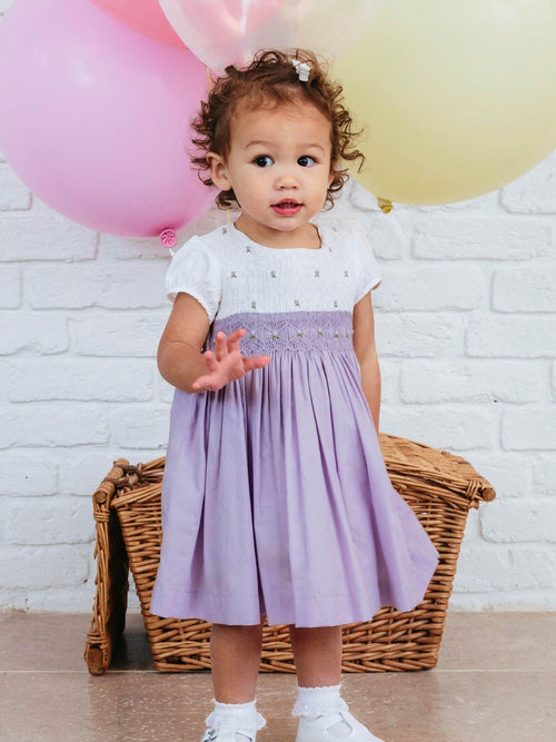 Dsiney Kidz - Trotters London Purple 100% Cotton Little Rose Hand Smocked Dress image 1