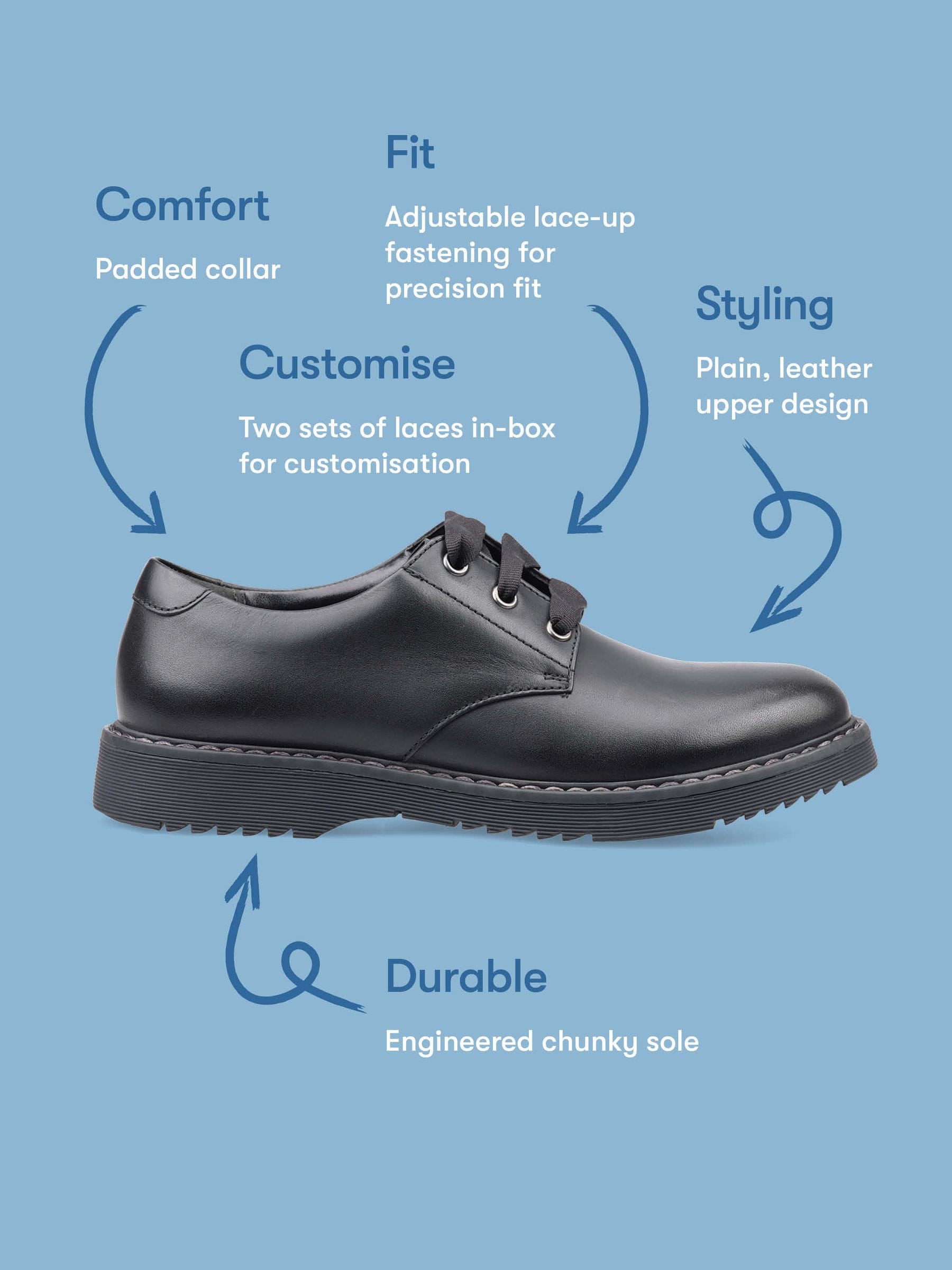 Start Rite Black Leather Wide Fit Closed Lace Up Stitch Down Chunky Soled School Shoes image 6