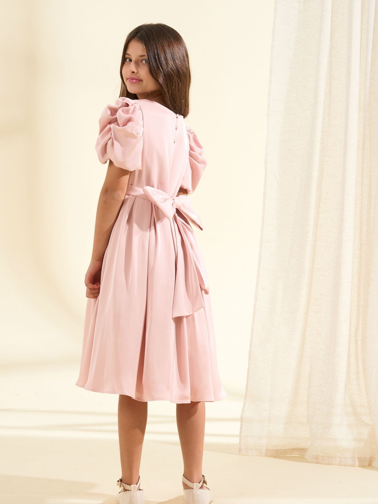 Angel & Rocket Blush Pink Portia Pleated Bodice Bow Dress image 4