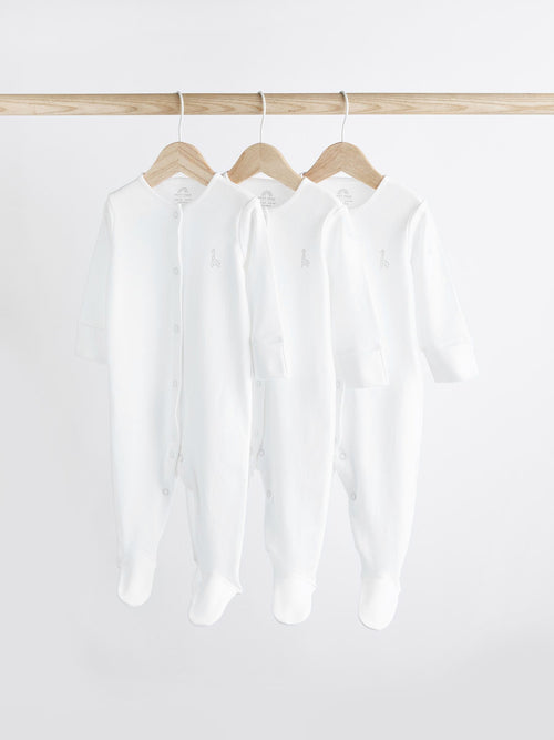 White 3 Pack 100% Cotton Baby Sleepsuits (0-18mths) image 1