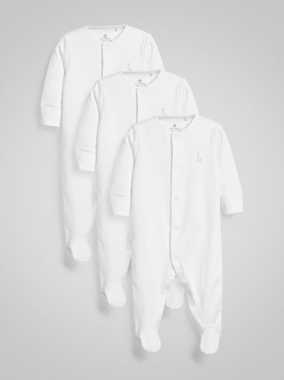 White 3 Pack 100% Cotton Baby Sleepsuits (0-18mths) image 3