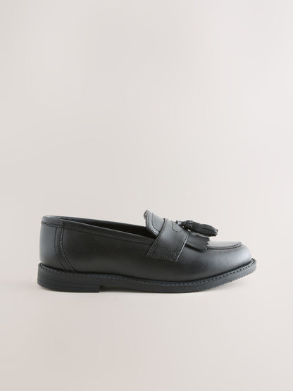 Matt Black Standard Fit (F) Leather Tassel Loafer School Shoes image 2