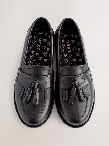 Matt Black Standard Fit (F) Leather Tassel Loafer School Shoes image 7