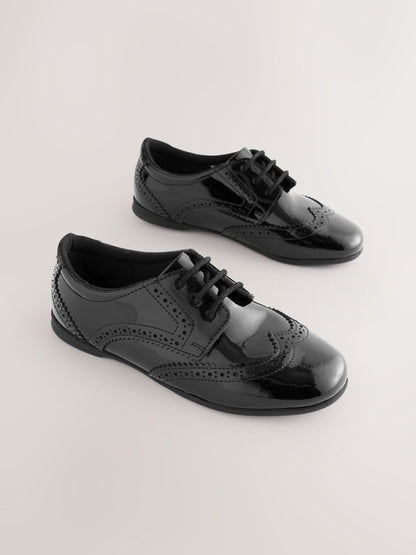 Black Patent Narrow Fit (E) Leather Brogue Lace-Up School Shoes image 1