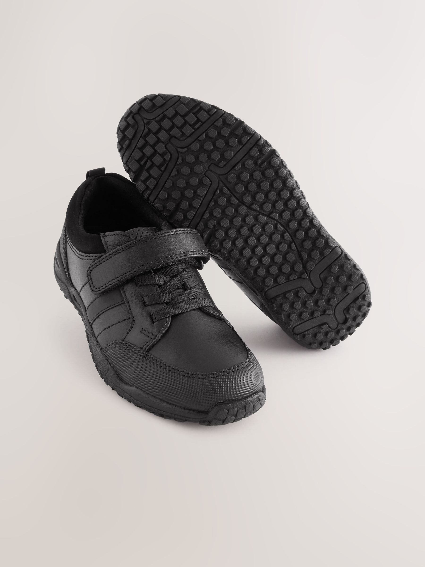 Black Standard Fit (F) School Leather Elastic Lace Shoes image 1