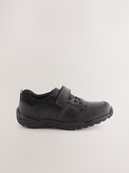 Black Standard Fit (F) School Leather Elastic Lace Shoes image 2