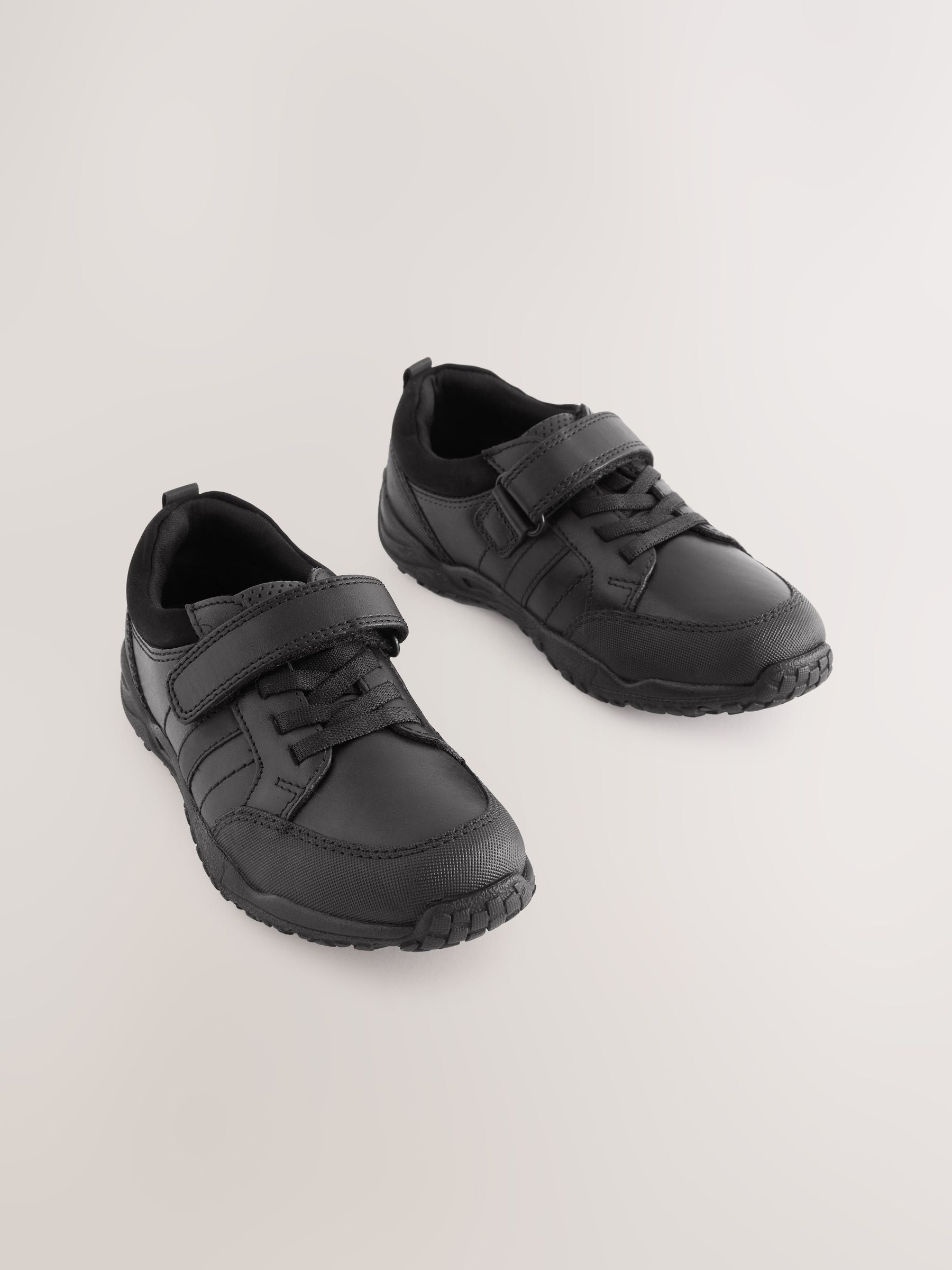 Black Standard Fit (F) School Leather Elastic Lace Shoes image 6