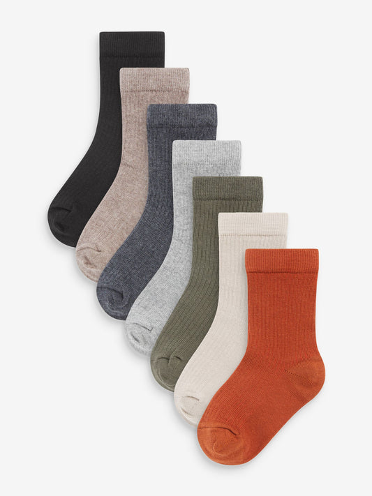Khaki Green/Grey Cotton Rich Fine Rib Socks 7 Pack image 1