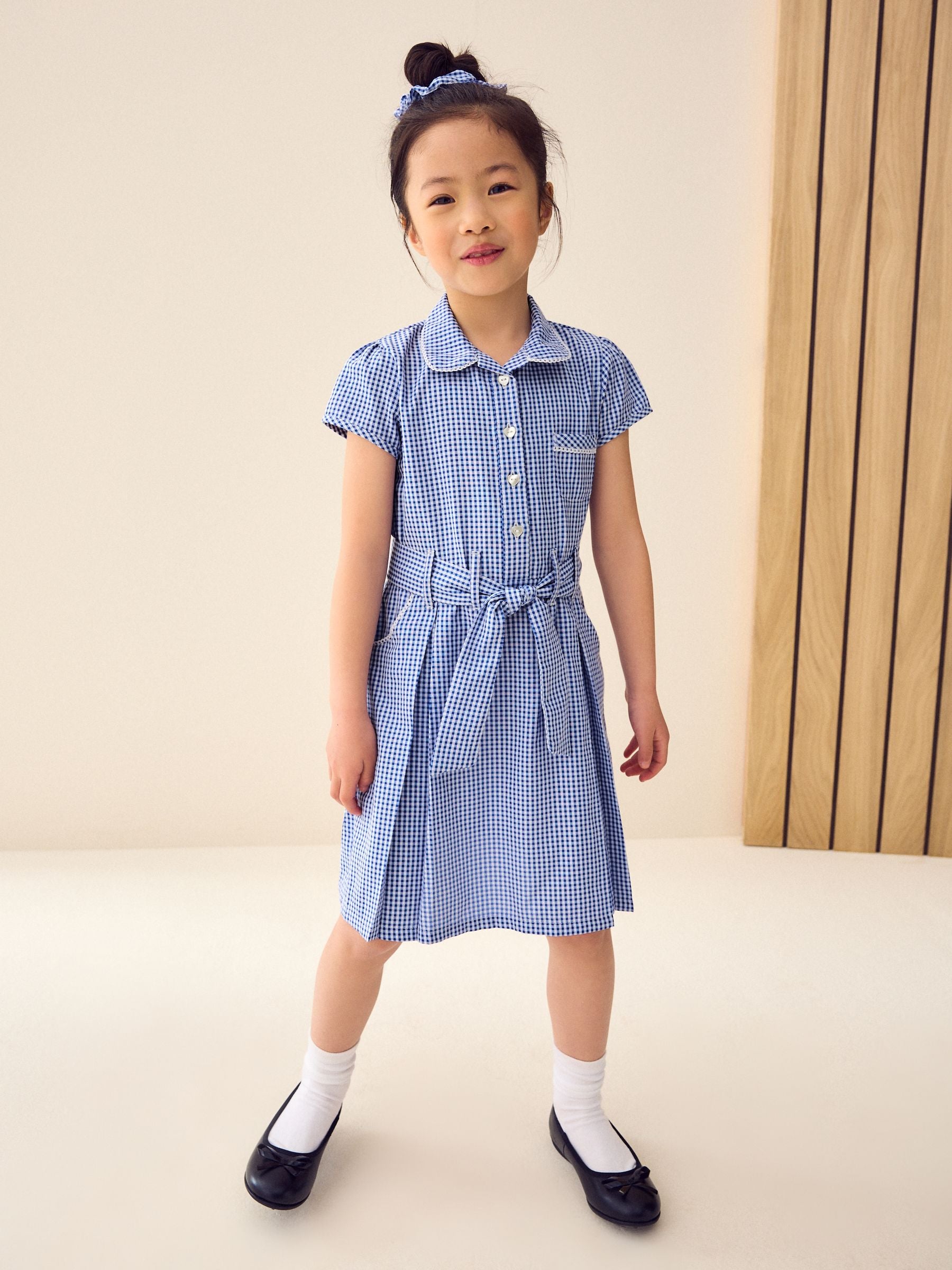 Mid Blue Gingham Cotton Rich Belted School Dress with Scrunchie (3-14yrs) image 1