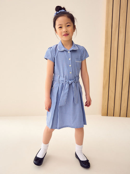 Dsiney Kidz - Mid Blue Gingham Cotton Rich Belted School Dress with Scrunchie (3-14yrs) image 1