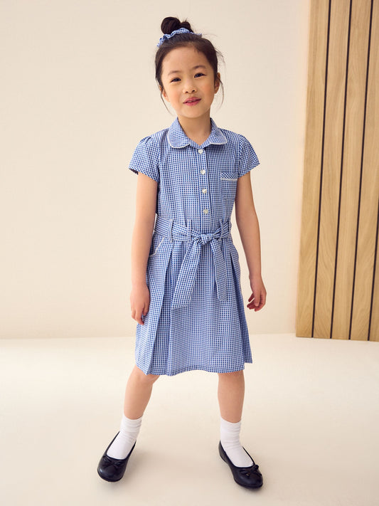 Mid Blue Gingham Cotton Rich Belted School Dress with Scrunchie (3-14yrs) image 1