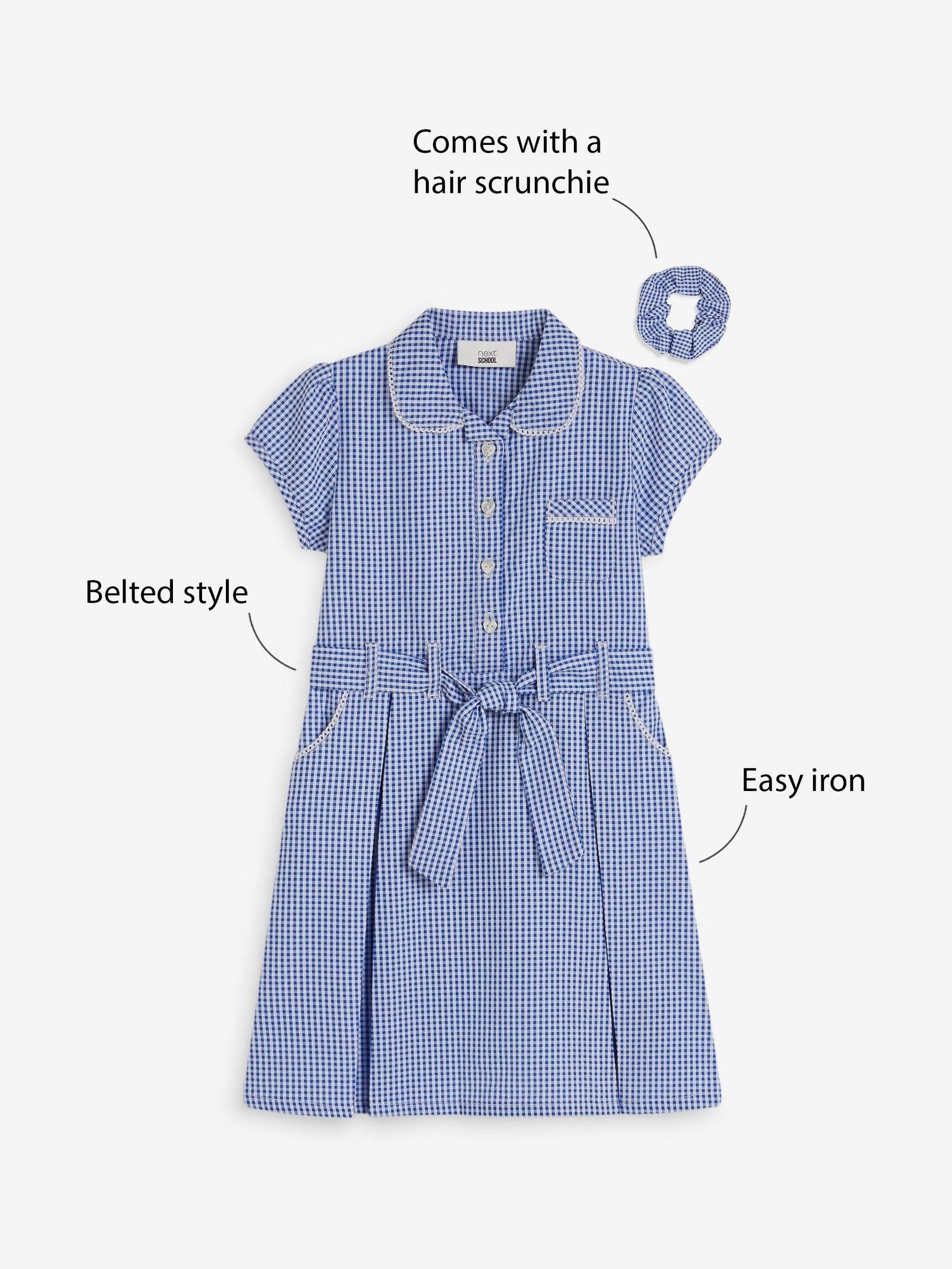 Mid Blue Gingham Cotton Rich Belted School Dress with Scrunchie (3-14yrs) image 3
